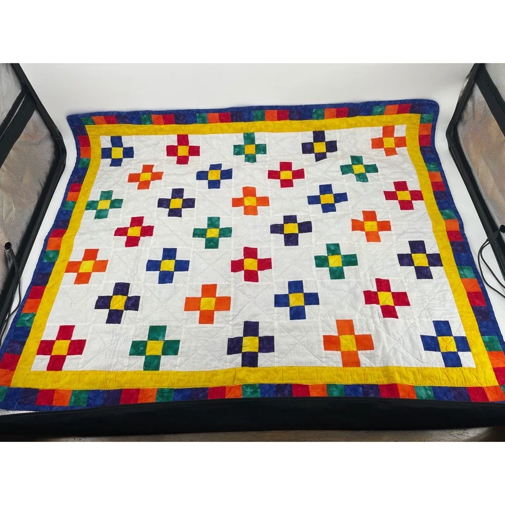 Handmade Patchwork Quilt Baby Blanket Tie Dye Reverse Colorful Cross 44x36 Multi